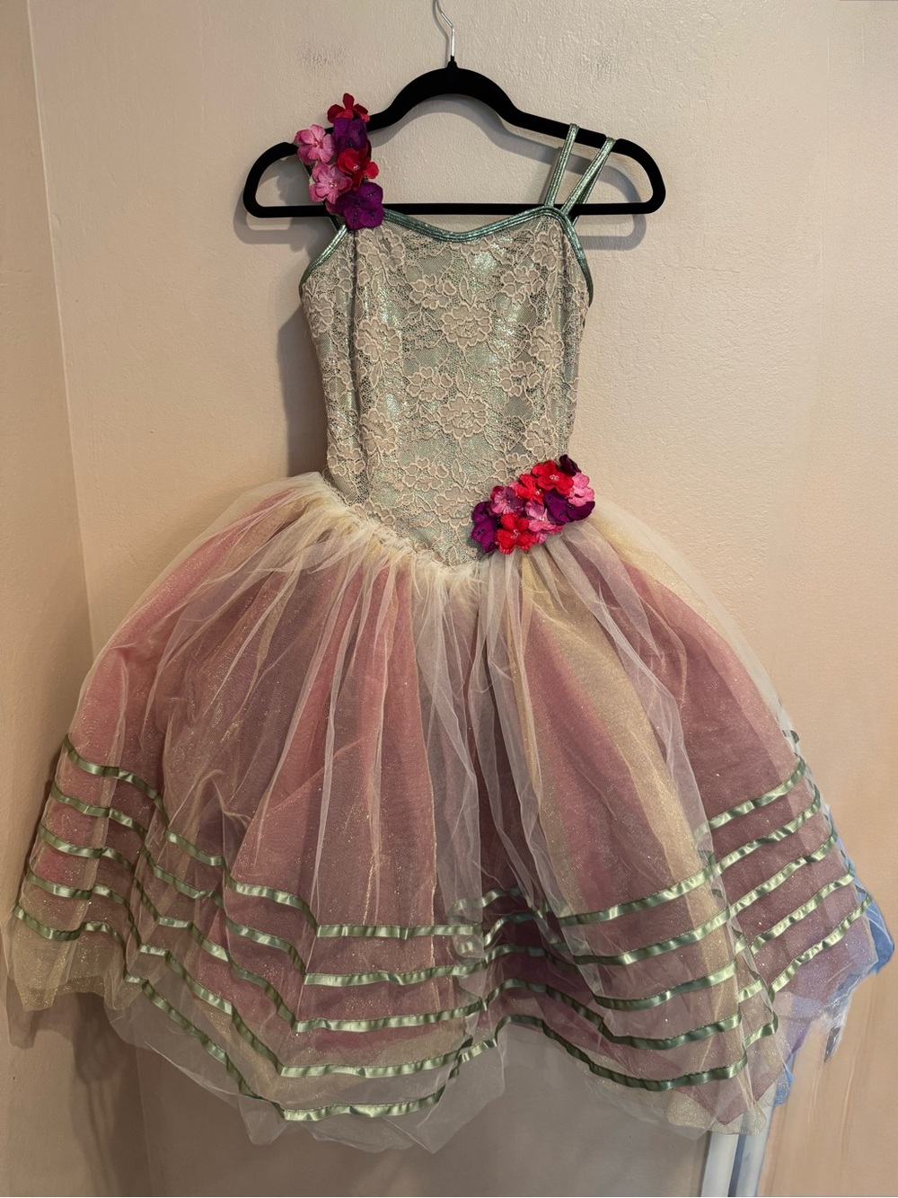 Girls Sage Fairy Costume, w/ Beige Lace Bodice, Layered Tulle, Floral Accent